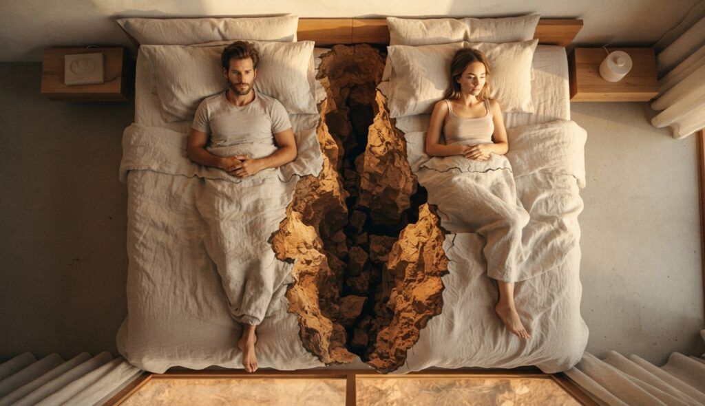 Crisis de pareja: Vista cenital de una pareja en crisis acostada en una cama, separada por una profunda grieta geológica que atraviesa el colchón. Representación de ruptura y separación emocional. | Seishin Psicología.