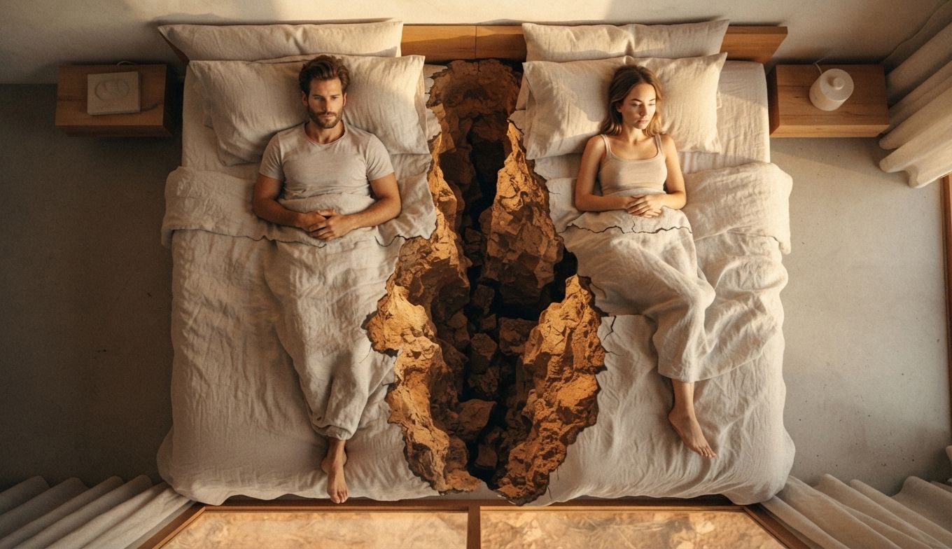 Crisis de pareja: Vista cenital de una pareja en crisis acostada en una cama, separada por una profunda grieta geológica que atraviesa el colchón. Representación de ruptura y separación emocional. | Seishin Psicología.