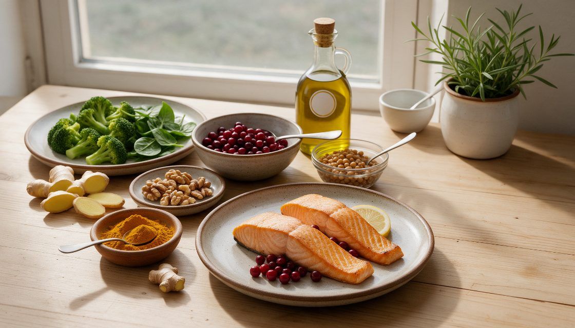 Alimentos de la dieta antiinflamatoria: salmón, aceite de oliva, nueces, arándanos, brócoli y cúrcuma sobre una mesa de madera