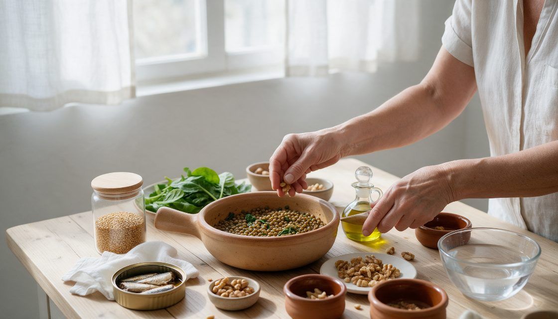 Mujer preparando una comida antiinflamatoria con lentejas, sardinas, nueces y semillas de lino durante la menopausia