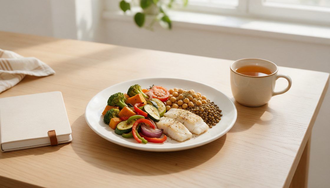 Plato equilibrado de verduras, legumbres y pescado como base de una dieta para adelgazar de forma saludable