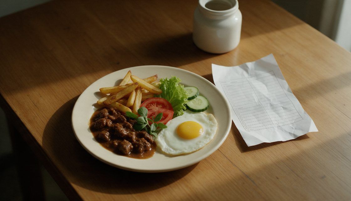 Plato de comida variada junto a una lista de dieta arrugada: dejar atrás la dieta restrictiva para cuidar la relación con la comida